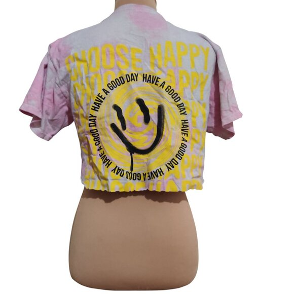 Upcycled Womens Crop Top Have A Good Day Smiley Face Tie Dye Pink White sz M - Picture 2 of 6